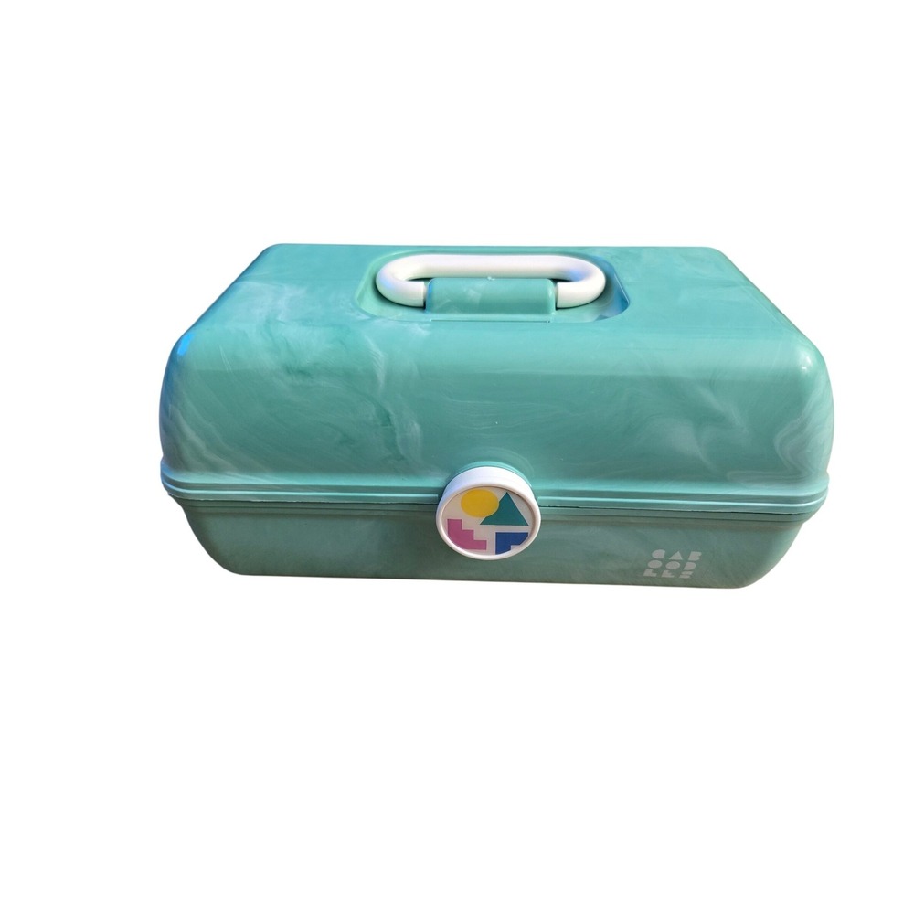 Vintage Caboodles Teal Marbled 90s Makeup Case Cosmetic Organizer with Mirror